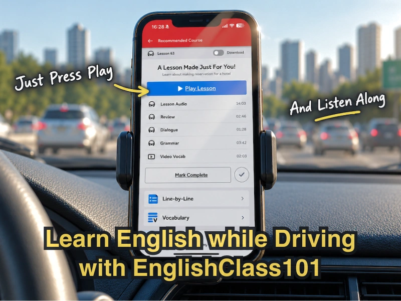 Learn English while driving with EnglishClass101 audio lessons on your phone.
