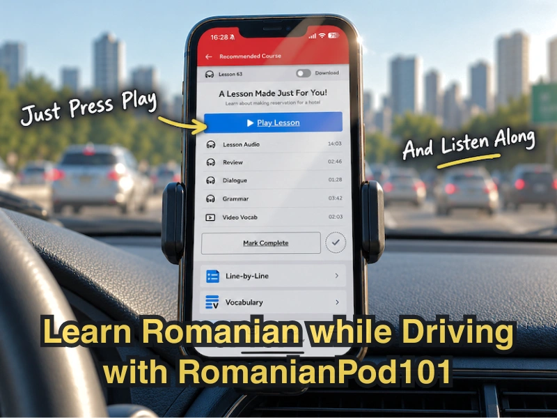 Learn Romanian while driving with RomanianPod101 audio lessons on your phone.