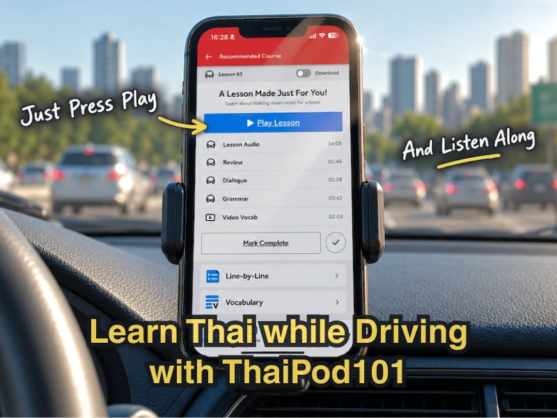 Learn Thai while driving with ThaiPod101 audio lessons on your phone.