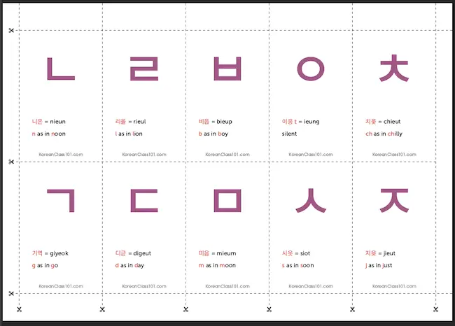 Free Korean Alphabet Printable flashcards by KoreanClass101 in PDF format.