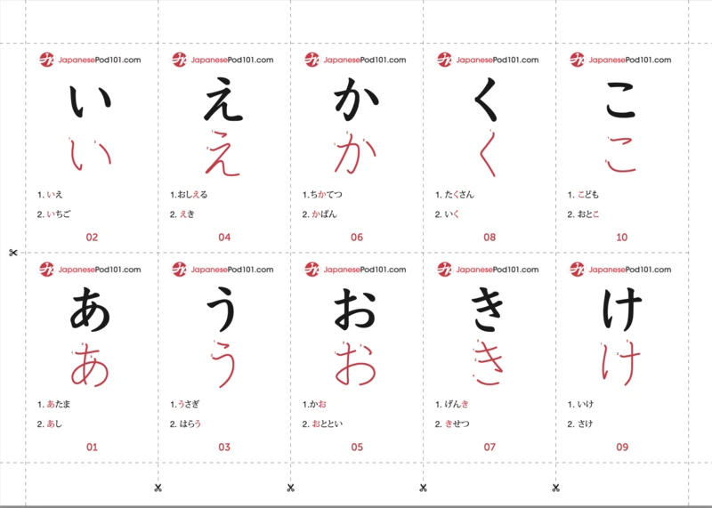 Free Printable Hiragana and Katakana alphabet flashcards by JapanesePod101 in PDF format.