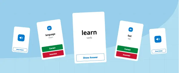 Digital spaced repetition flashcards interface on ItalianPod101 showing flashcard review tools and native audio play buttons.