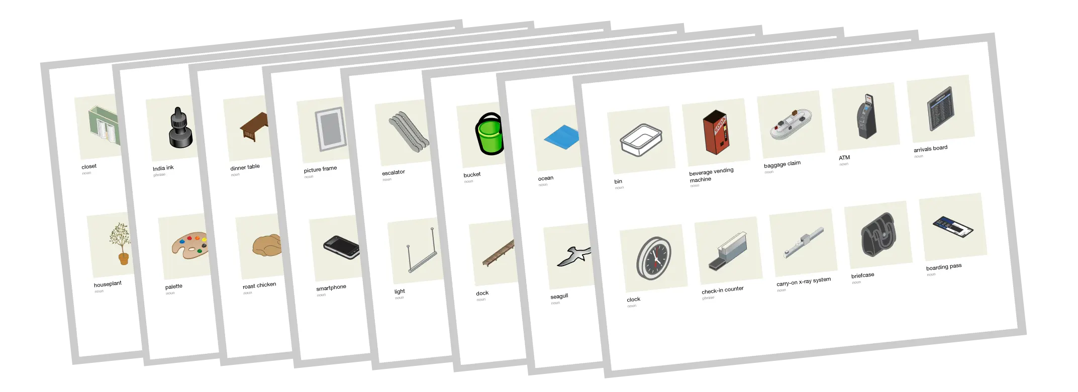 Printable Italian visual flashcards showing everyday vocabulary words with English translations and matching illustrations.