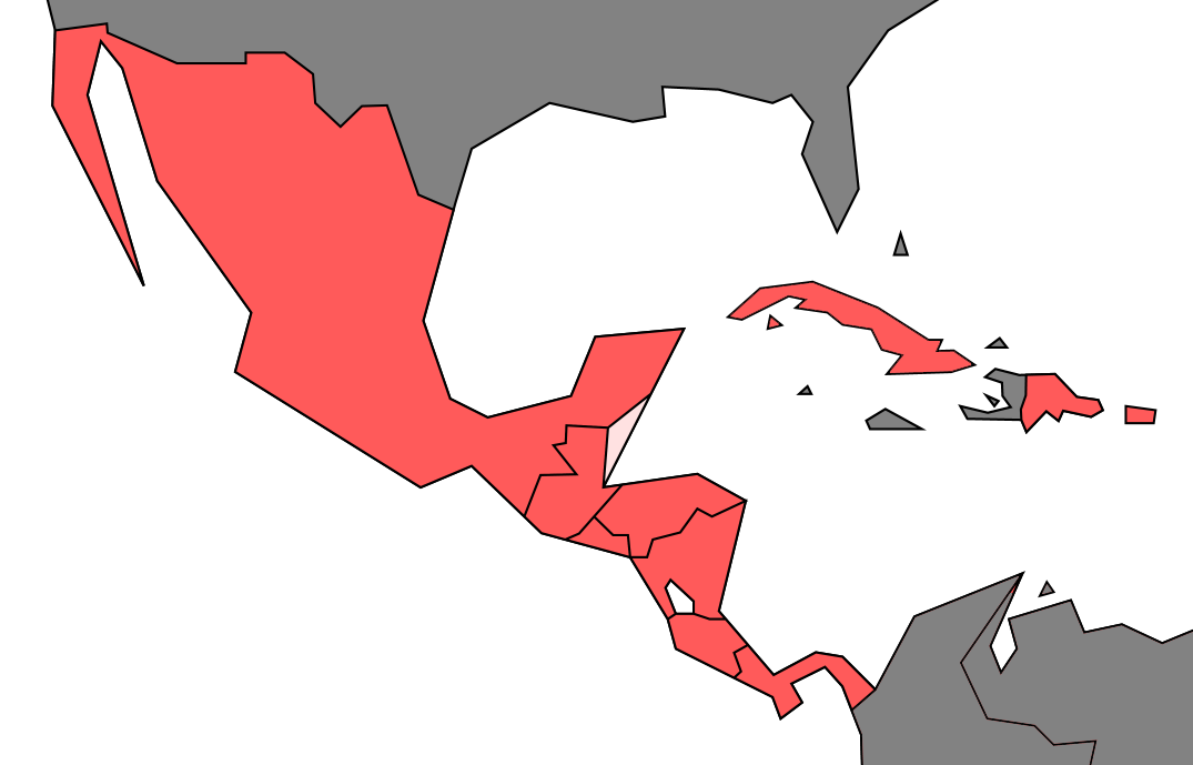 Map of Spanish speaking countries and territories of North America and the Caribbean. Belize shown in pink as an English language country with high amounts of Spanish speakers.