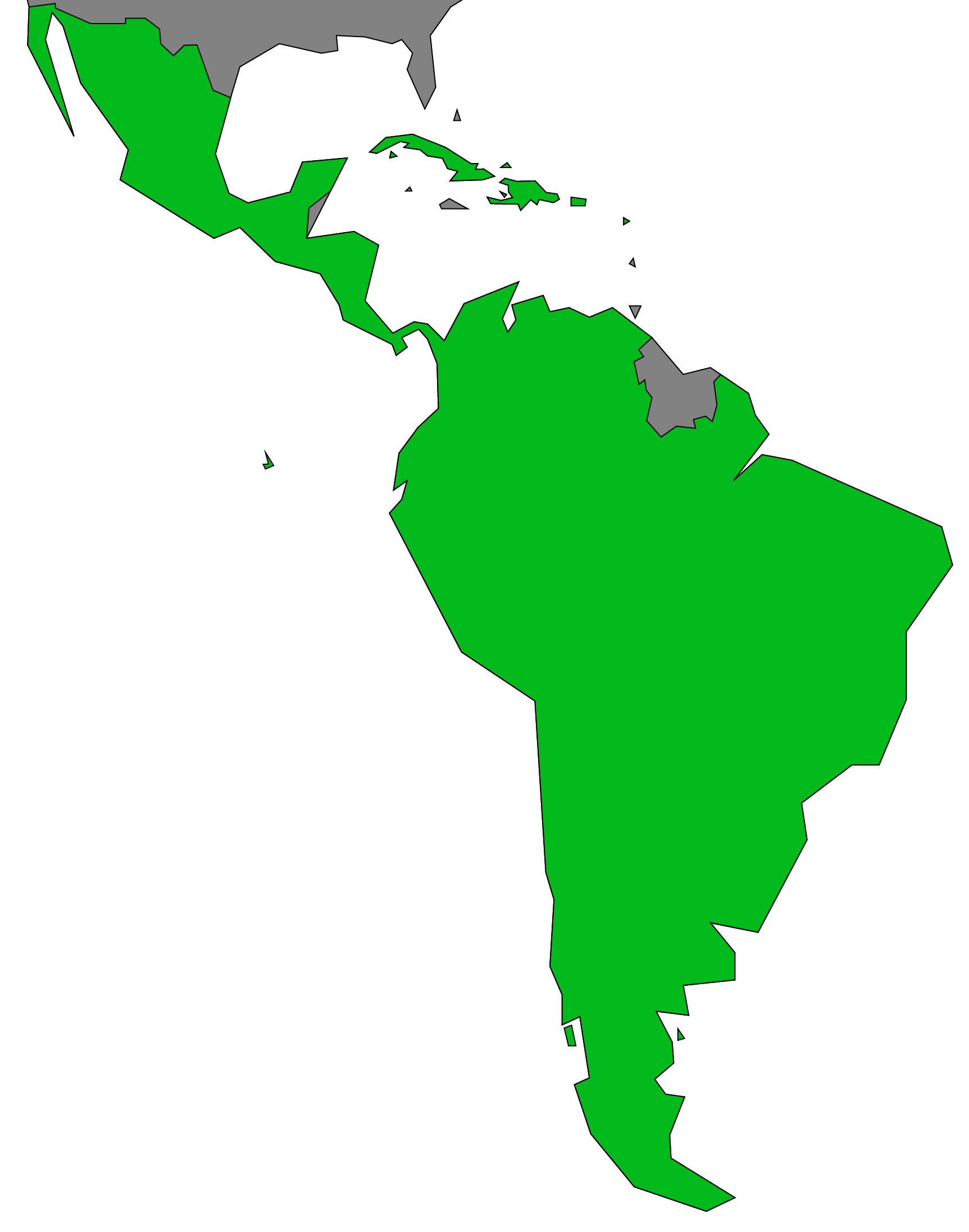 Map of Latin American countries and territories, shown in green