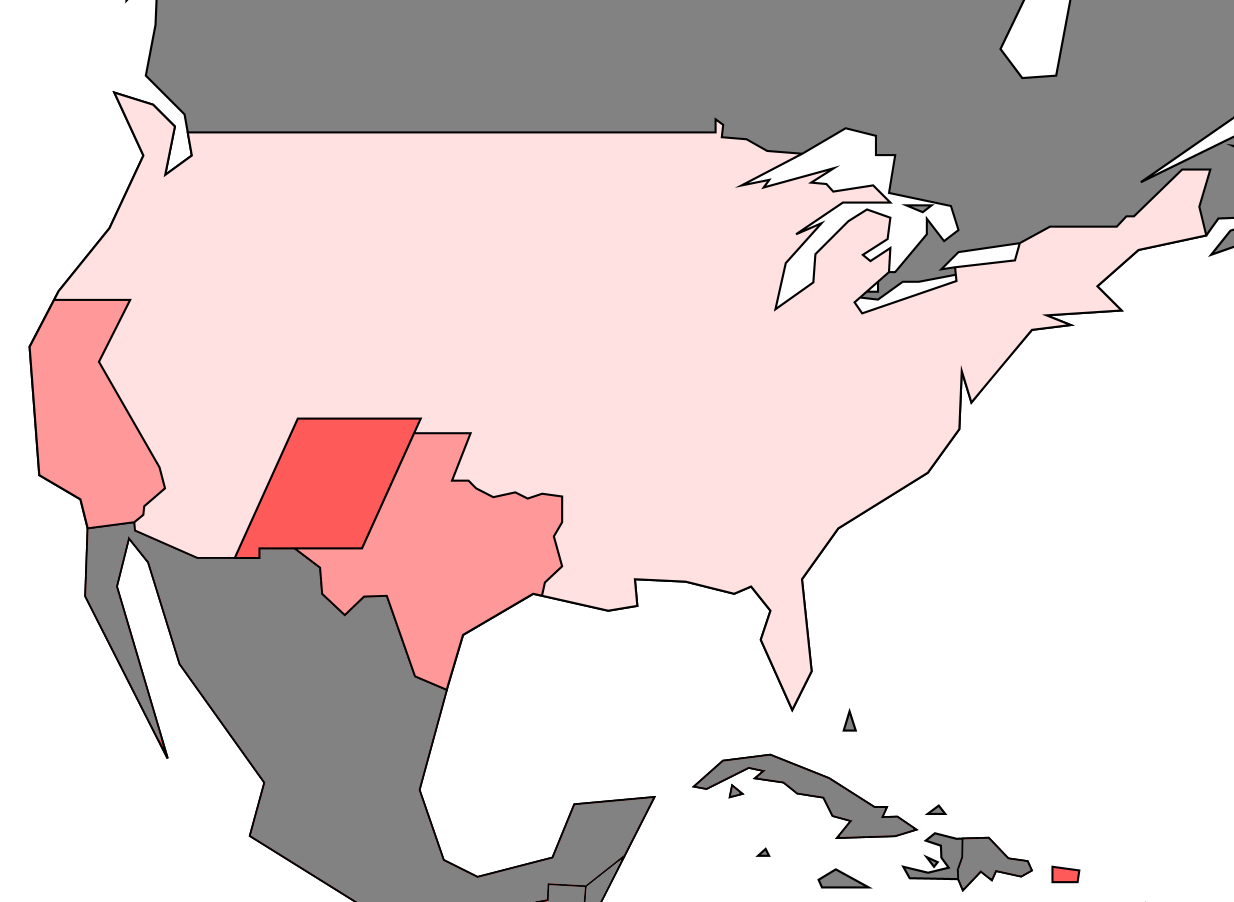 Map of North America with USA highlighted. California, Texas, and New Mexico are specified.