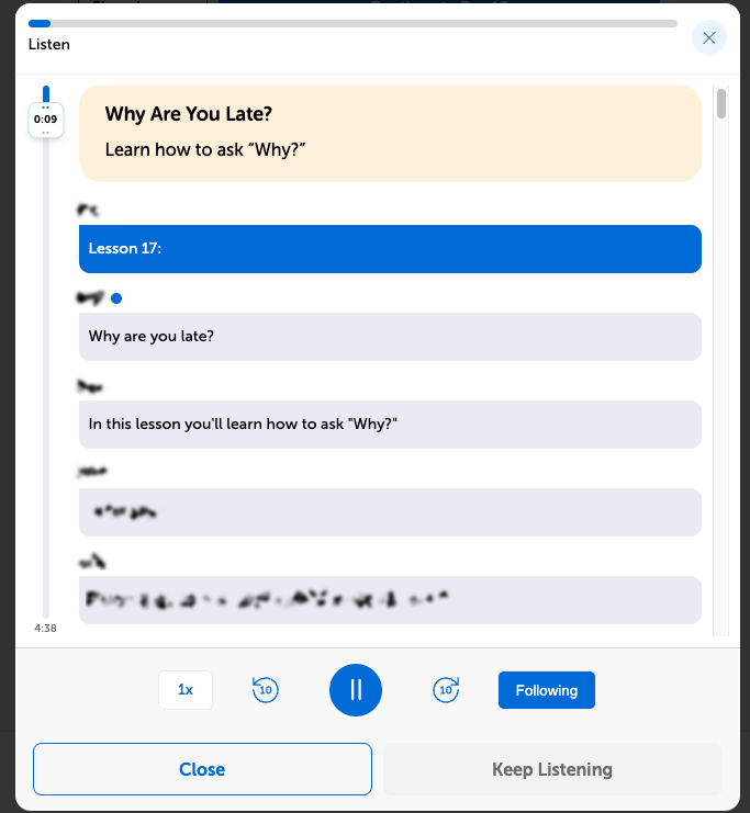 View of the audio section of the lesson