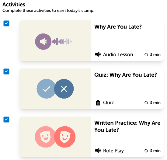 View of the main lesson menu